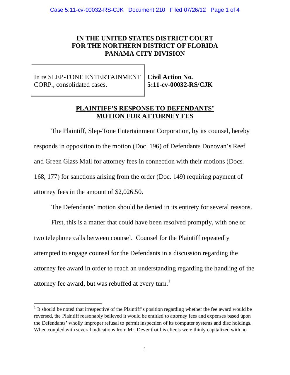 Fln Response To Donovans Motion For Attorney Fees By James M Harrington Panama 210 Plaintiff S Response To Defendants Motion For Attorney Fees Re Motion To Compel Sanctions Of 2 026 50 Pdf Pdf Archive