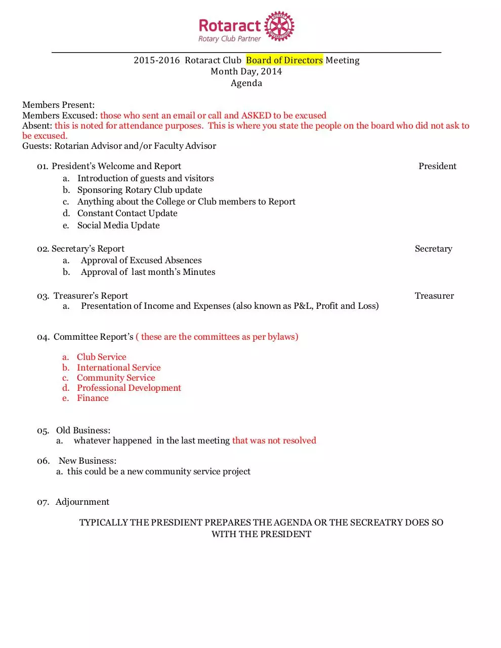 Document preview - Rotaract Sample Board MeetingAgenda.pdf - Page 1/1