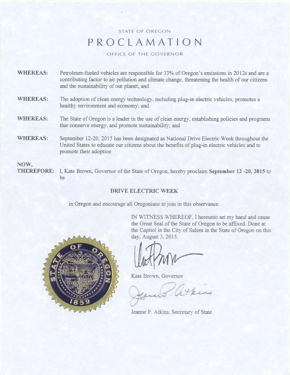 Document preview - Oregon Drive Electric Proclamation.pdf - Page 1/1