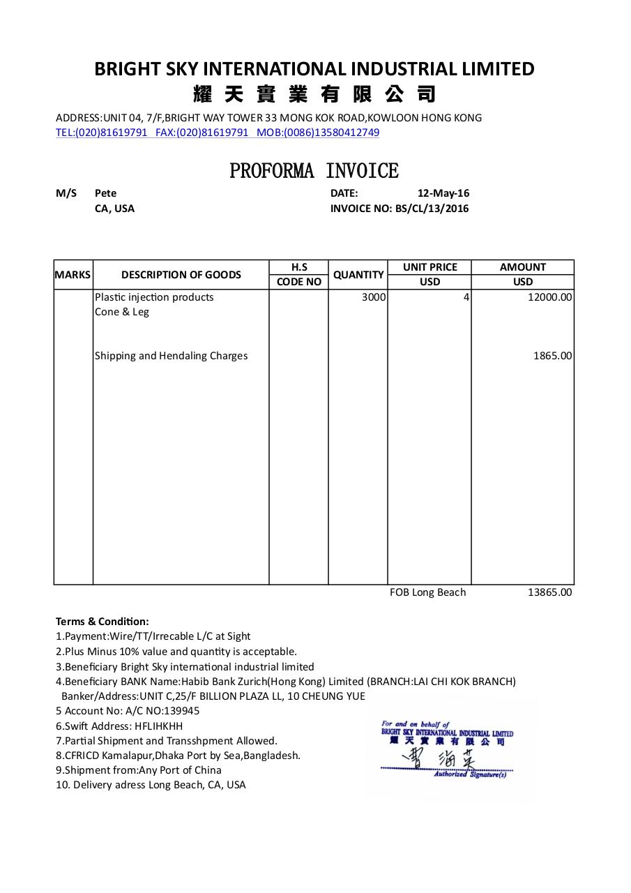 Bright Sky Proforma Invoice A C Version 1 Sheet1 Pdf Archive