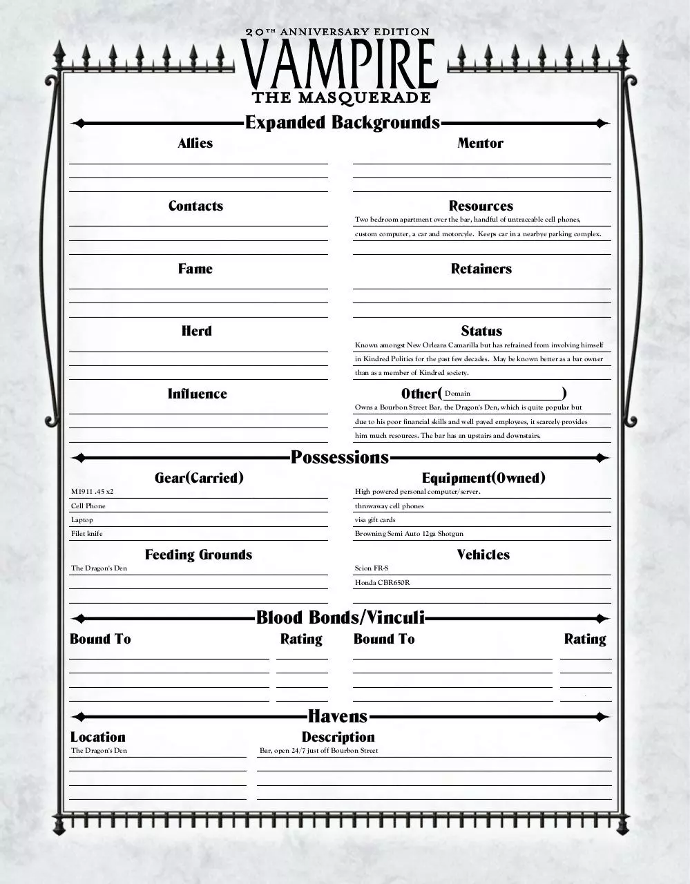 Vampire The Masquerade - 20th Anniversary Edition Character Sheet