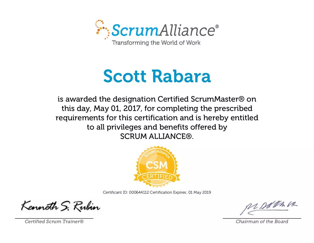 Document preview - Scott Rabara-ScrumAlliance_CSM_Certificate.pdf - Page 1/1