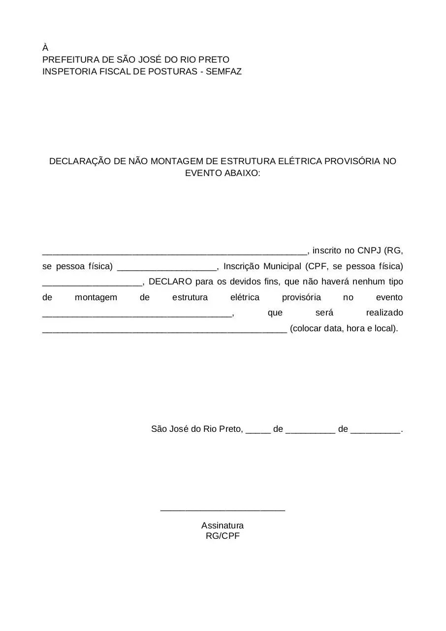 Document preview - Modelo Declaracao Nao Montagem Estrutura Eletrica.pdf - Page 1/1