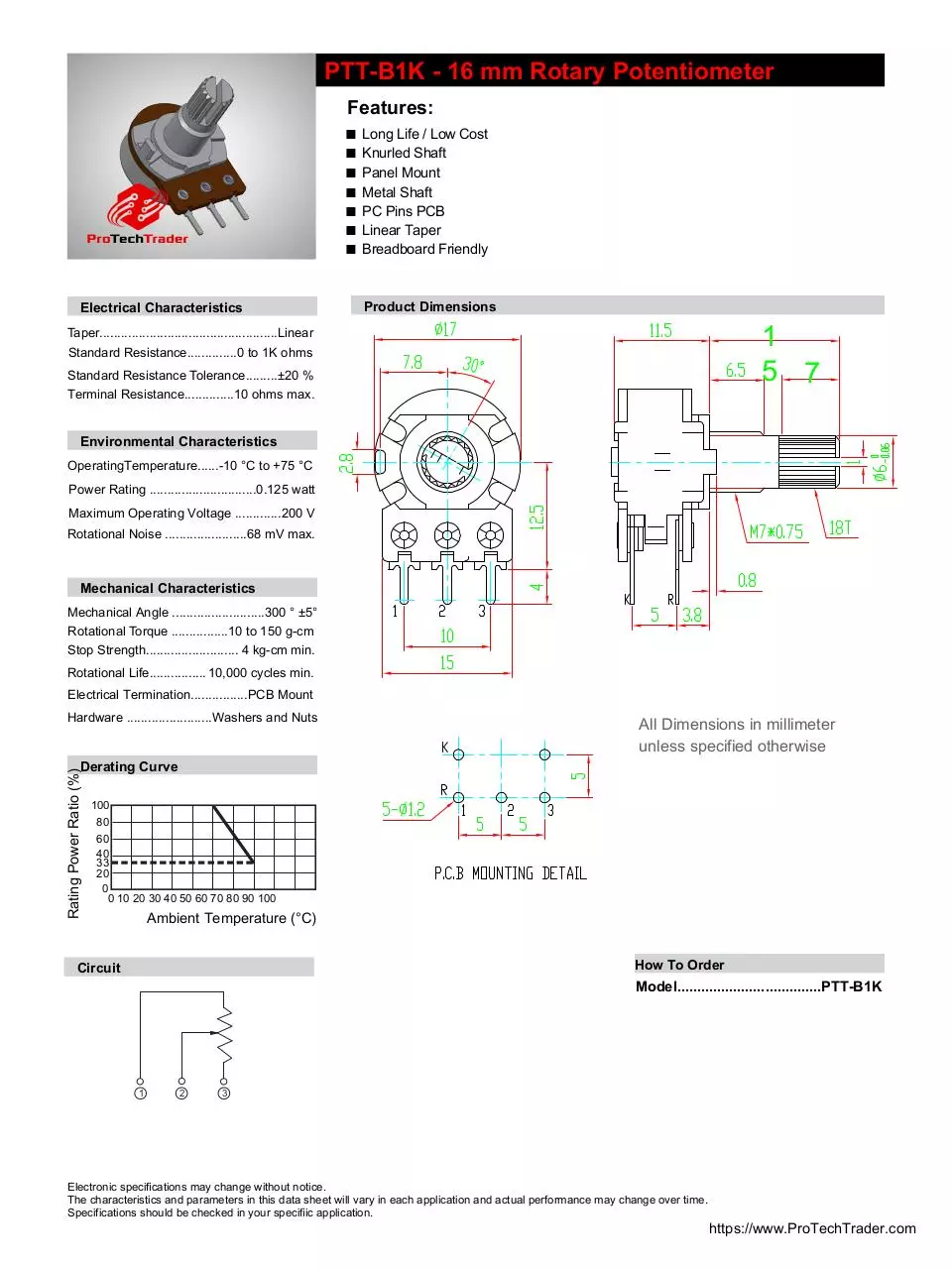 Document preview - PTT-B1k-Rotary-Potentiometer-Datasheet.pdf - Page 1/1